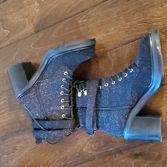 Shelly's London chunky heel lace boots buckle accent and rainbow lurex sparkle - Picture 3 of 6